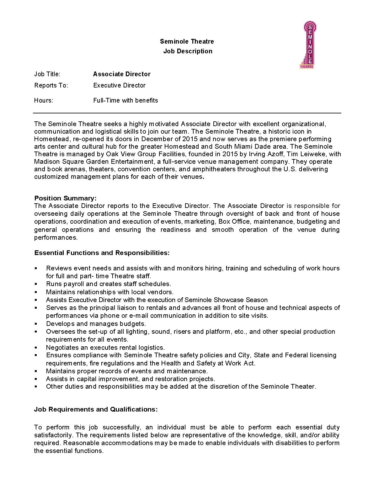 Associate Director Description Page 1