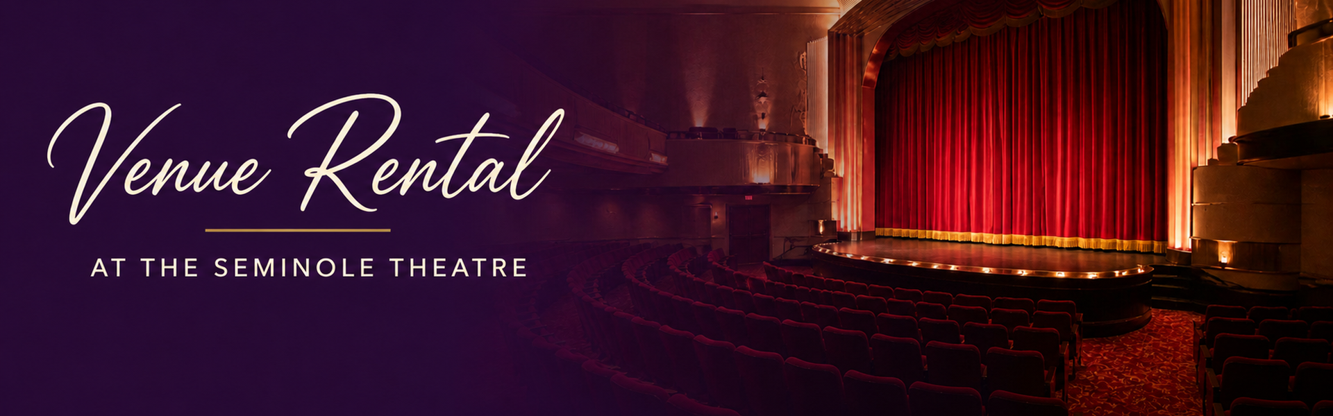 Interior of the historic Seminole Theatre auditorium showing the red velvet stage curtain, with Venue Rental at the Seminole Theatre displayed as banner text