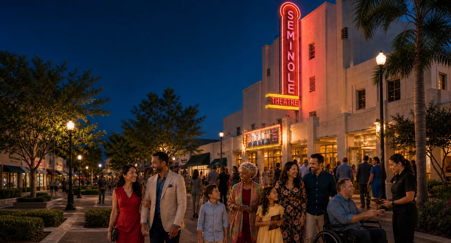 A diverse group of guests, including a wheelchair user, arriving at the illuminated Seminole Theatre in Downtown Homestead.