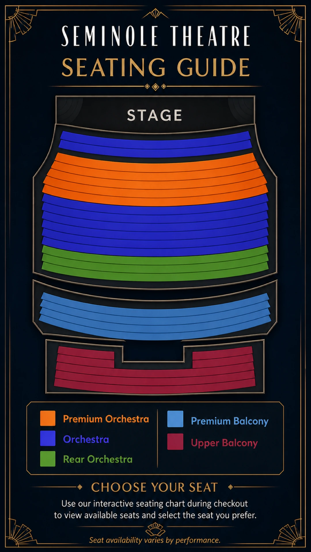 Seminole Theatre seating chart showing all rows and sections.