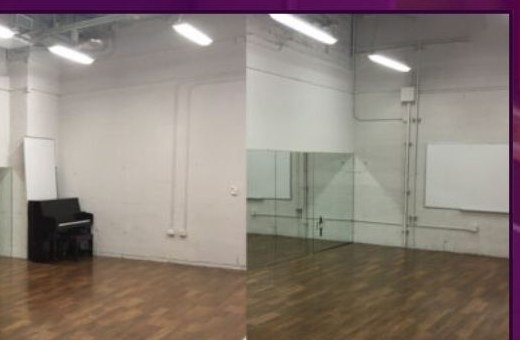 Studio A and Studio B rehearsal rooms at the Seminole Theatre with wood floors and mirrors