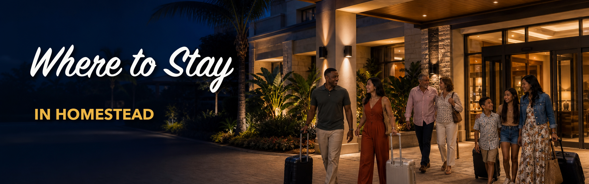 Diverse visitors arriving at a South Florida hotel in Homestead at blue hour